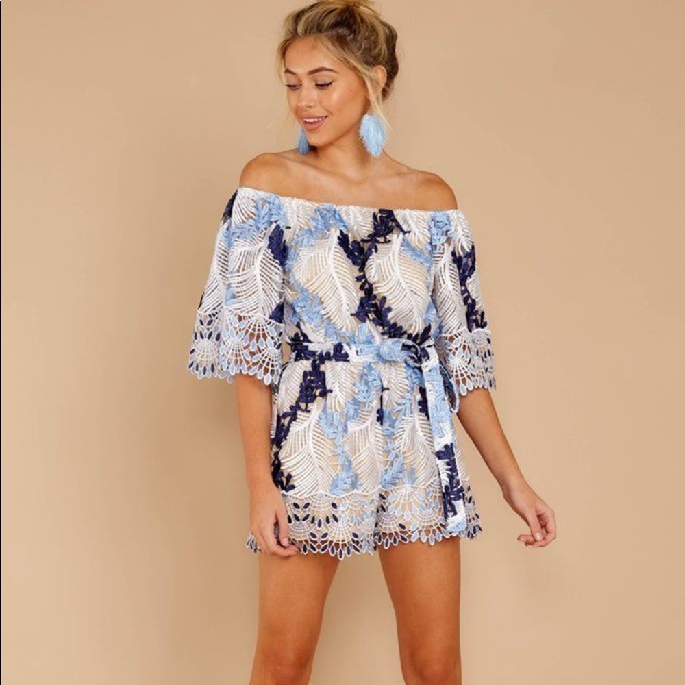 Blue and White Embroidered Lace Romper